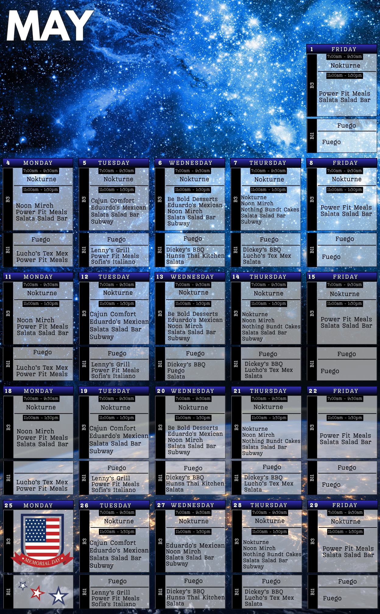 May 2026 food service schedule for Johnson Space Center.