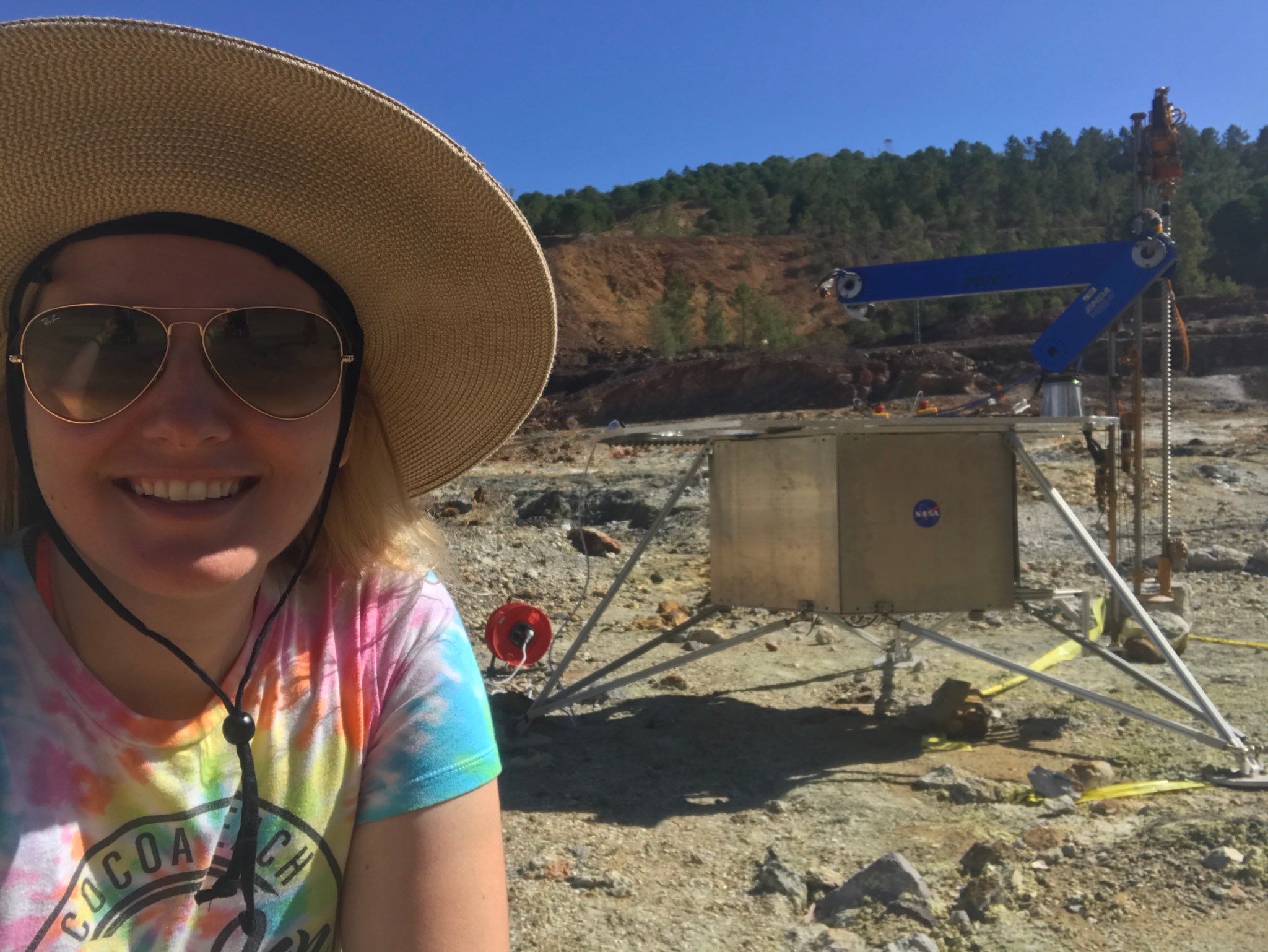 Deniz Burnham at a field test of drilling and sampling prototype instruments, as part of the Life-detection Mars Analog Project’s deployment at the Rio Tinto, Spain, Mars-analog site in the summer of 2017.