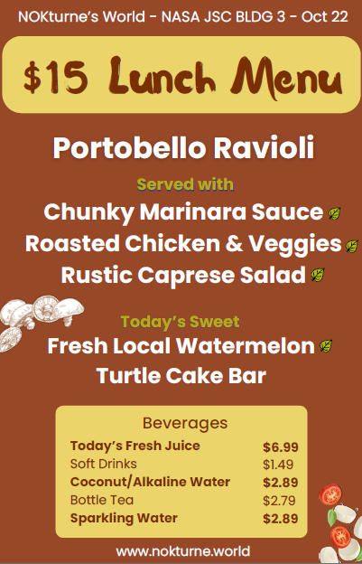 Weekly menu for Nokturne, a food vendor at JSC B3. The October 22, 2026 menu features portobello ravioli.