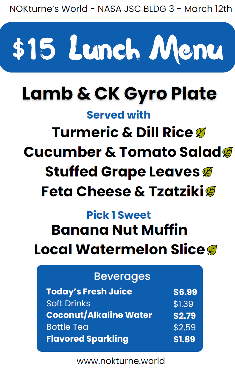 JSC B3 food vendor Nokturne's bento menu for March 12, 2026 which features a lamb and chicken gyro plate.