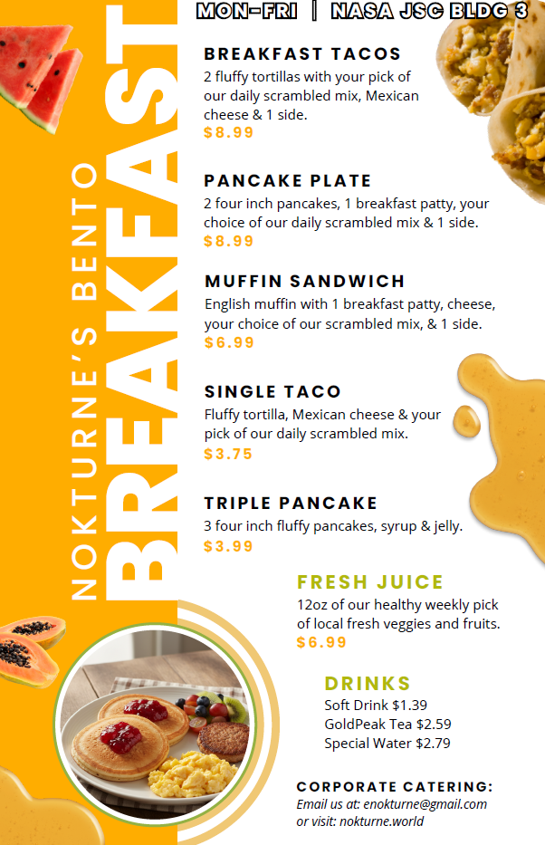 September Breakfast Menu for Nokturne, a food vendor at JSC B3.