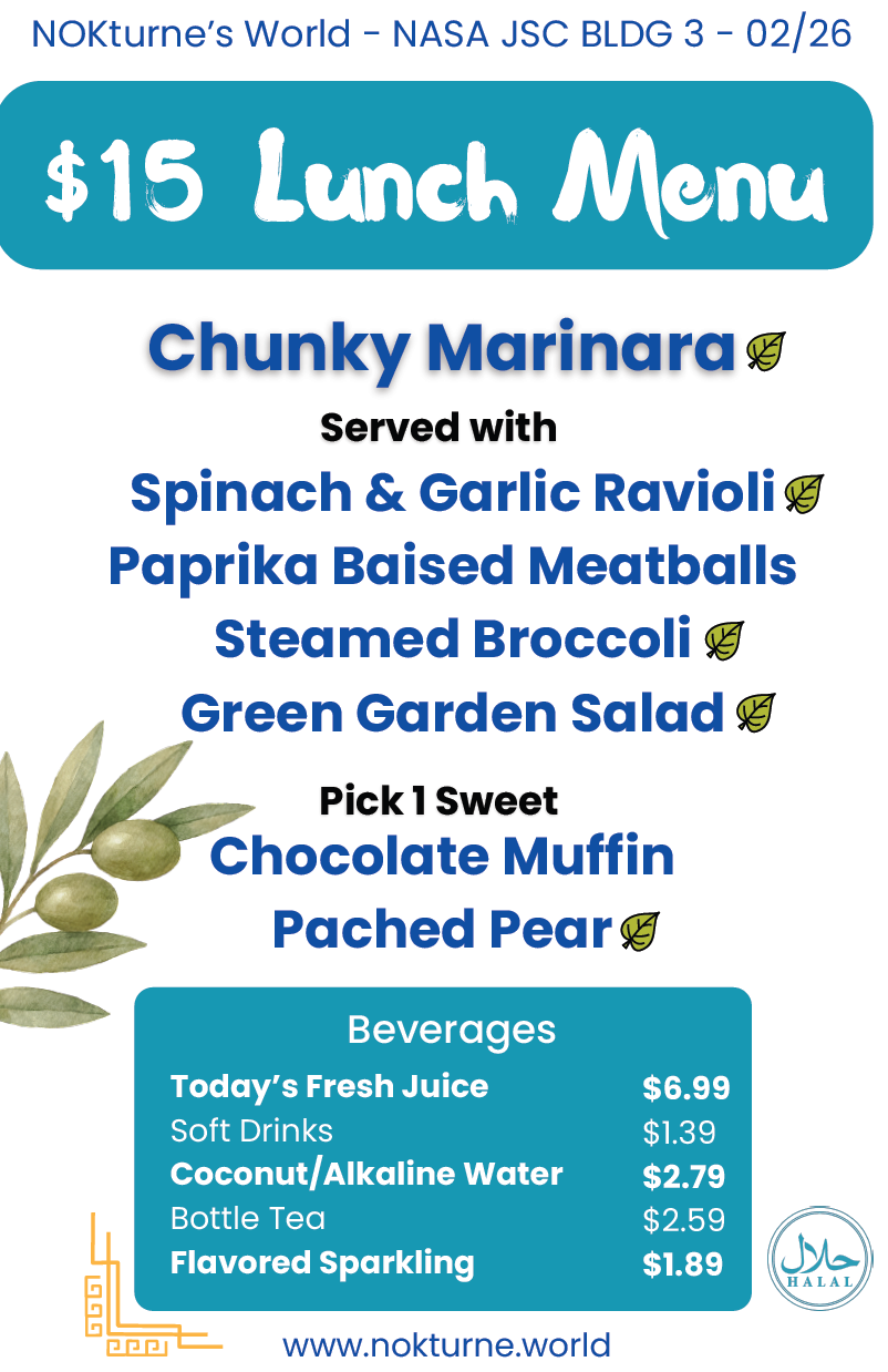 JSC B3 food vendor, Nokturne's weekly bento box menu for Feb. 26, 2026. It features chunky marinara with spinach and garlic ravioli. 