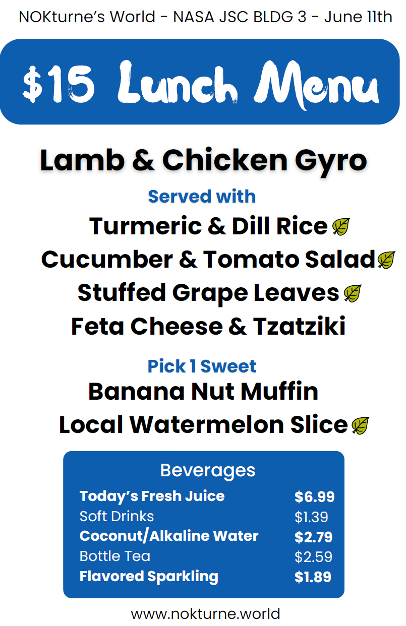Weekly menu for Nokturne a food vendor at JSC B3. The June 11, 2026 menu features chicken and lamb gyros.