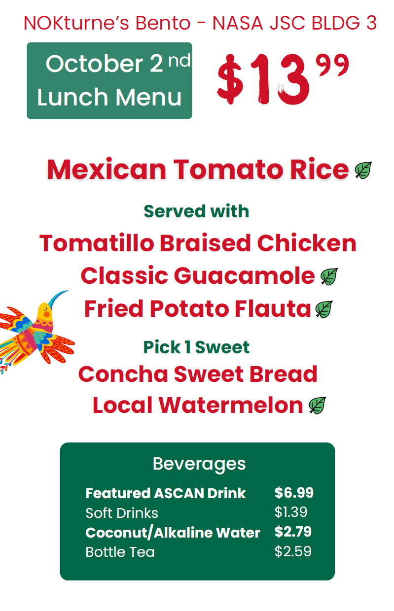 JSC B3 food vendor, Nokturne's, Bento Menu for October 2, 2025. Mexican tomato Rice for $13.99.