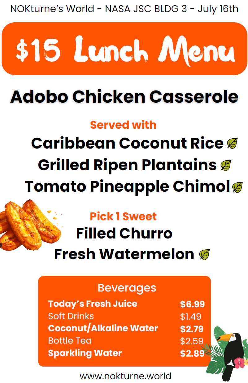 Weekly menu for Nokturne, a food vendor at JSC B3. The July 16, 2026 menu features an adobe chicken casserole.
