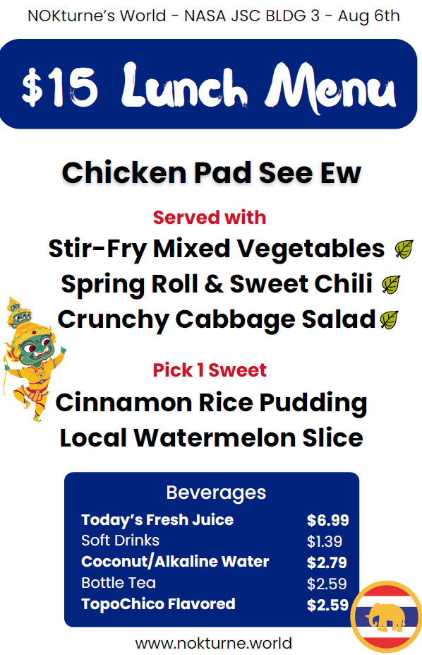 Weekly menu for Nokturne, a food vendor at JSC B3. The August 6, 2026 menu features Chicken Pad See Ew.
