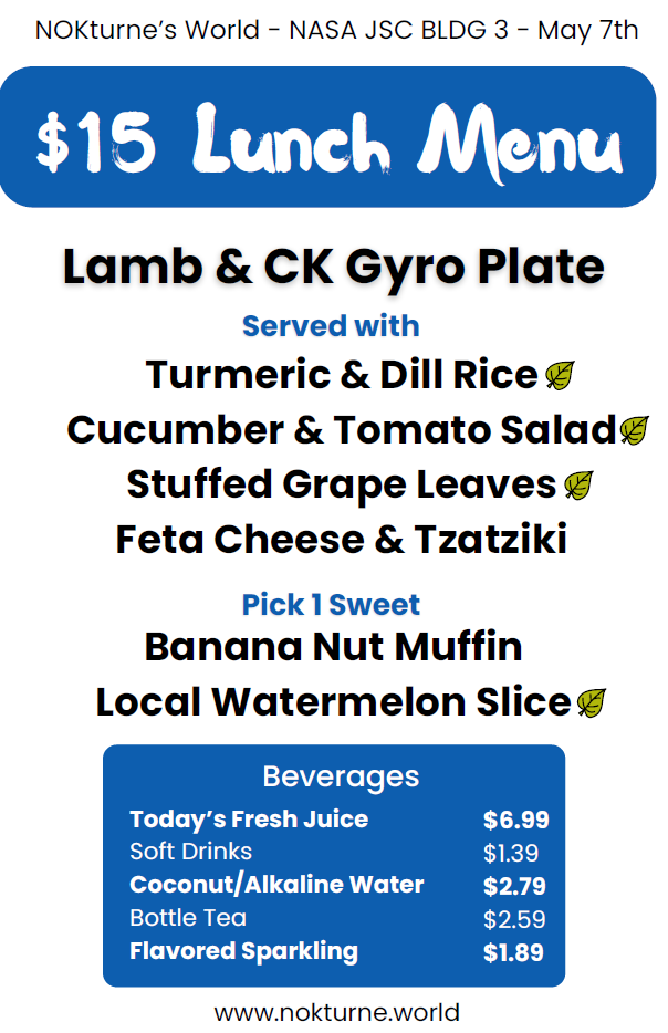 Weekly menu for Nokturne, a food vendor at JSC B3 on Thursdays. The May 7, 2026 menu features a lamb and chicken gyro plate. 