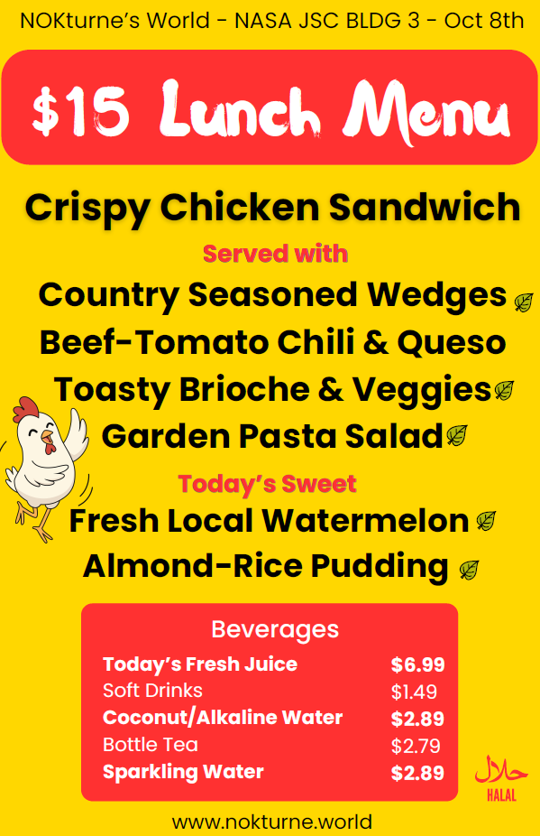 Weekly menu for Nokturne, a food vendor at JSC B3. The October 8, 2026 menu features a crispy chicken sandwich.