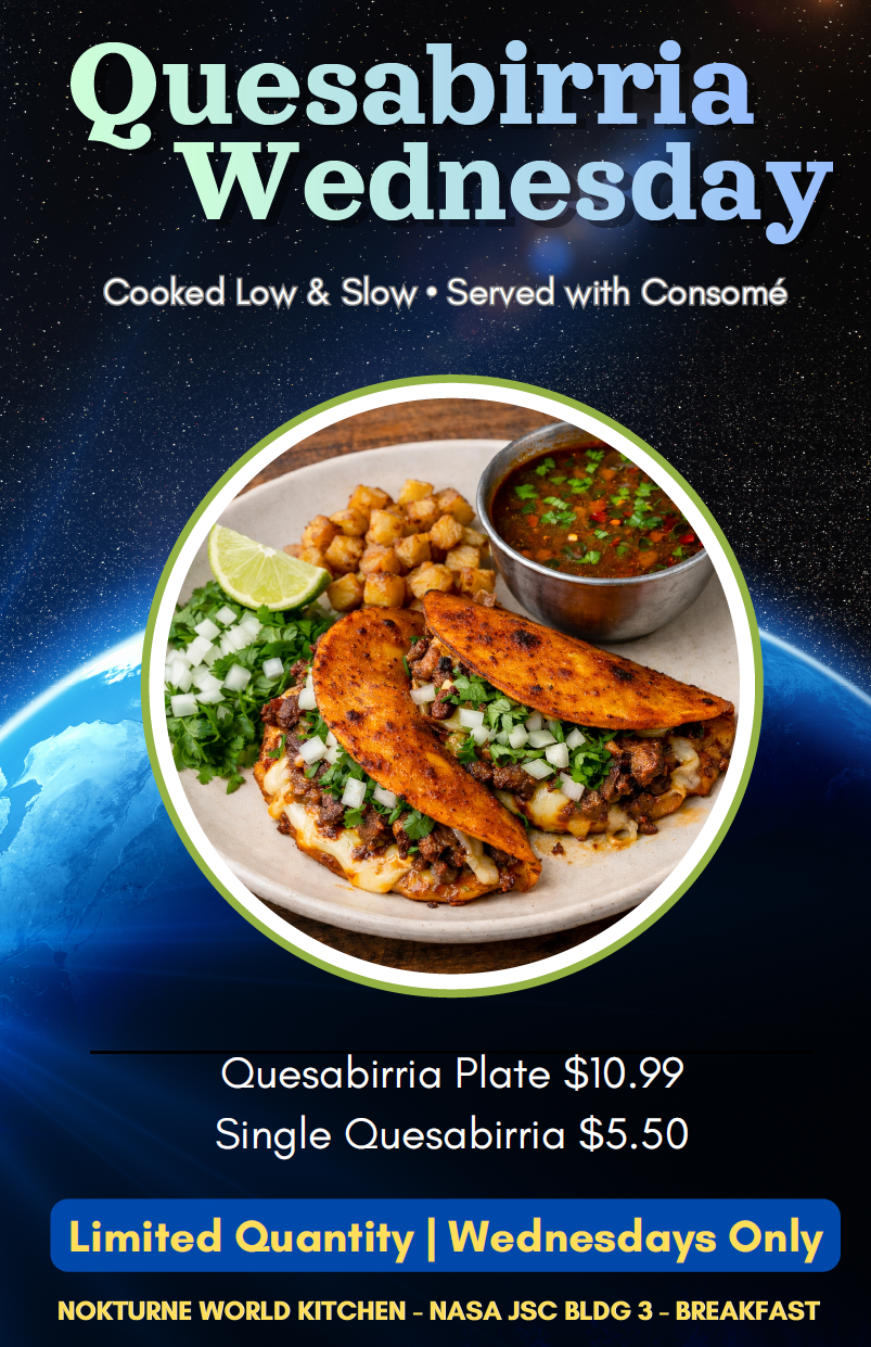 An image showcasing slow-cooked Quesabirria breakfast tacos. at JSC B3 on Wednesdays. 