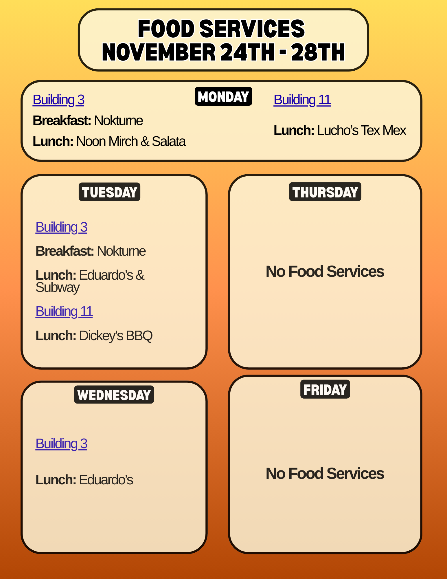 JSC Food Services for the week of November 24 - 28, 2025.