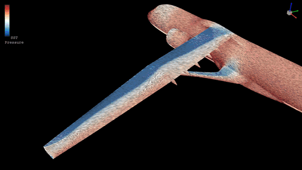 Animated gif showing the line integral convolution colored by pressure (blue is low and red is high).