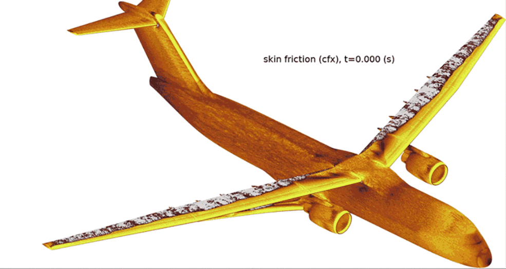 Animated gif showing a wall-modeled large eddy simulation of a Mach=0.8 flow past the Boeing Transonic-Truss Based Wing.