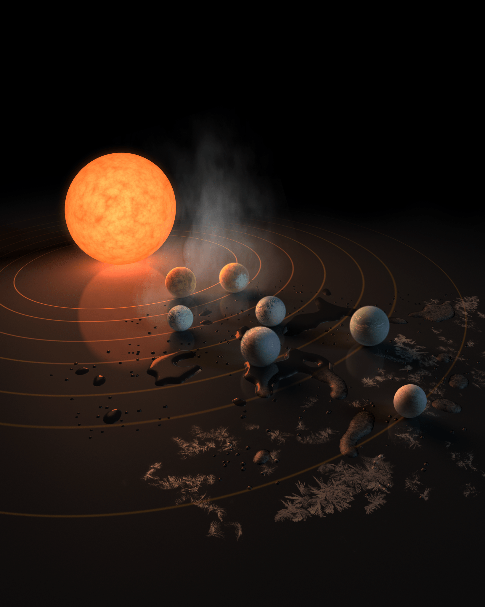 This artist’s concept portrays the seven rocky exoplanets within the TRAPPIST-1 system.