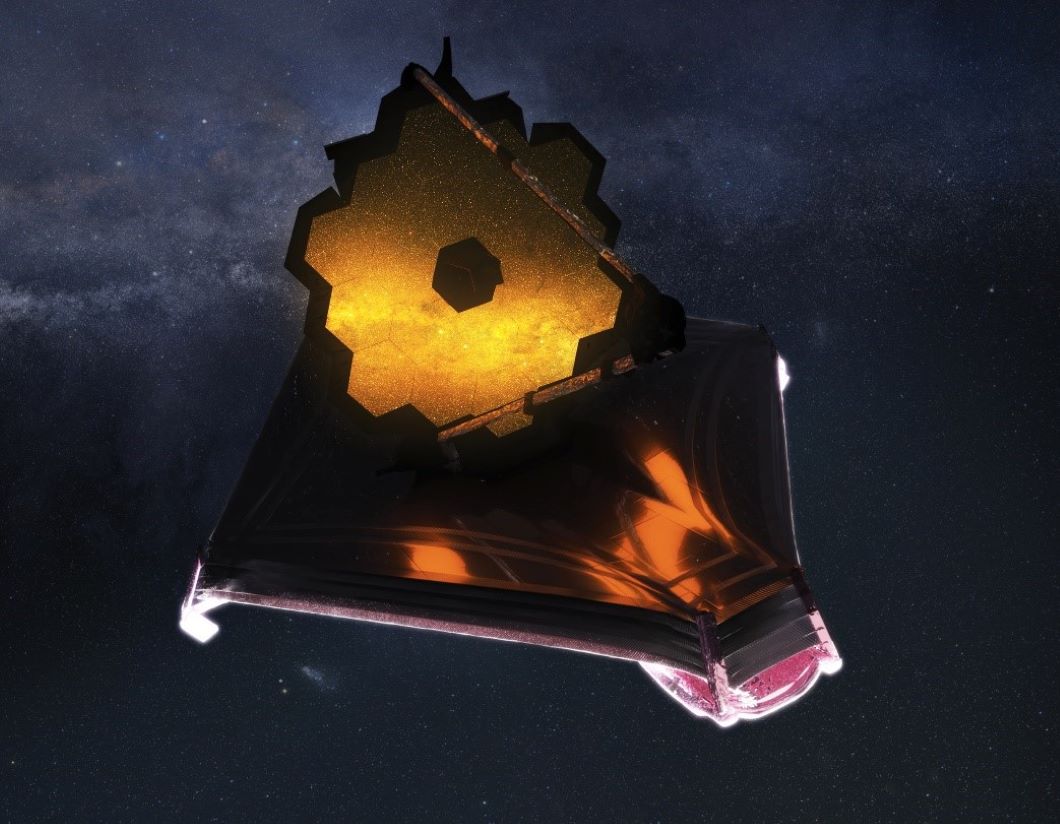 This artist’s conception shows the fully unfolded James Webb Space Telescope in space.