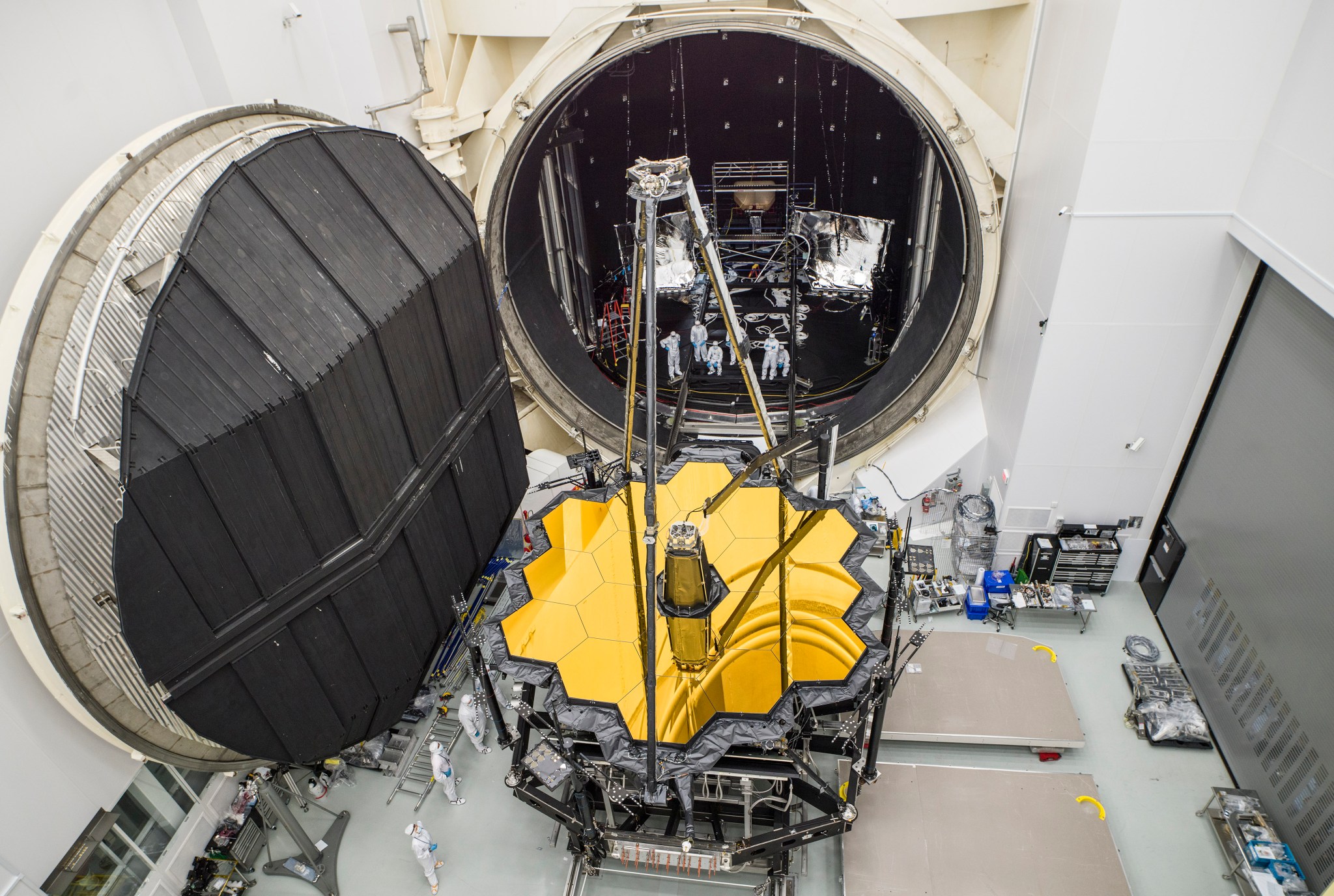 Aerial view of NASA’s James Webb Space Telescope emerging from Chamber A at NASA’s Johnson Space Center in Houston on Dec. 1, 2017 after cryogenic testing