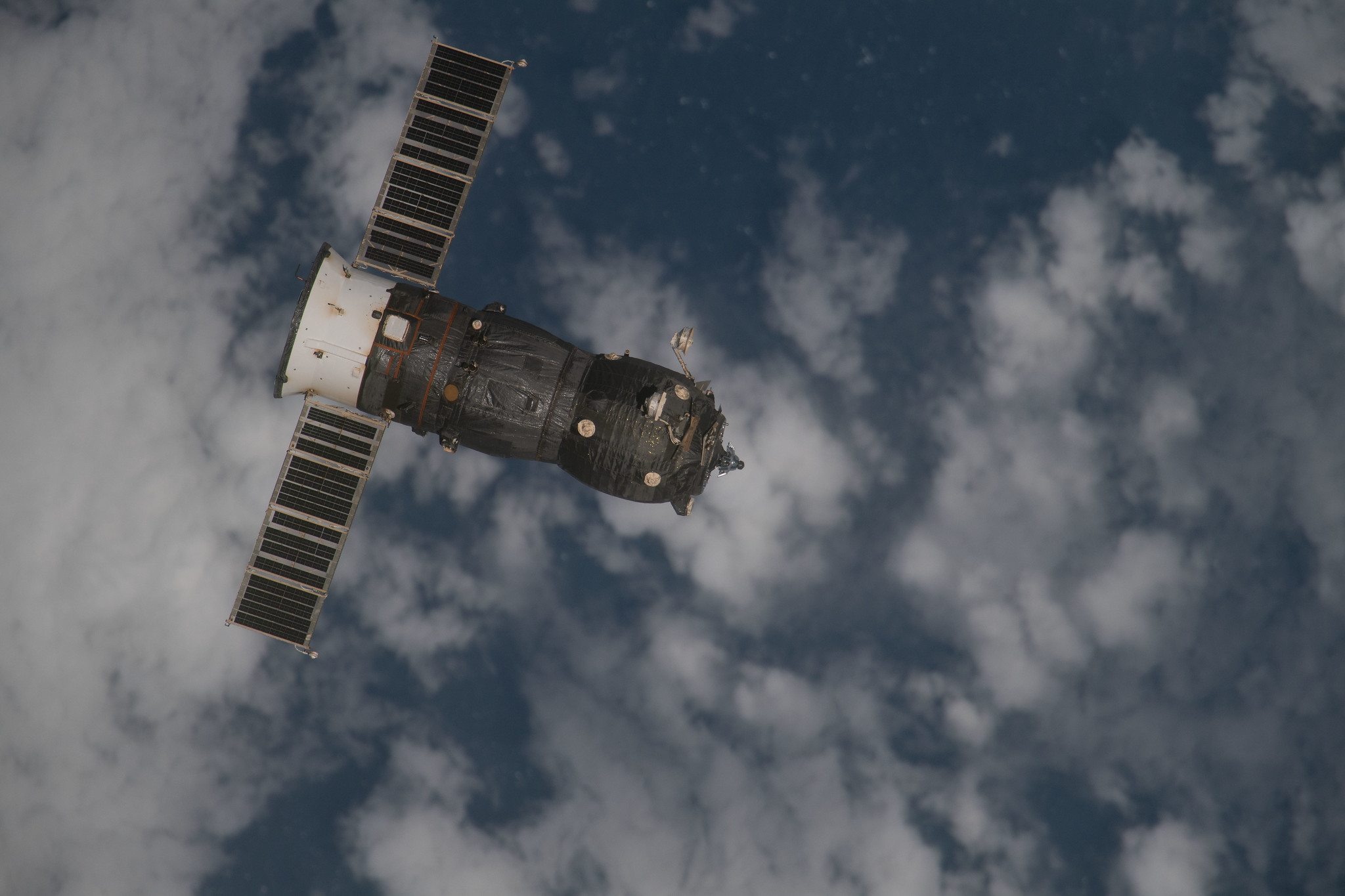 Russia's ISS Progress 75 cargo craft, seen departing from the International Space Station April 27, 2021 after undocking from the Zvezda service module's aft port, where it stayed for just over a year.