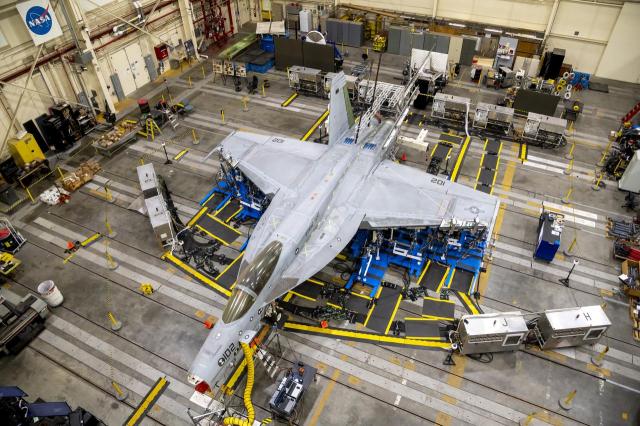 A top view shows the wing loading test configuration of a F/A-18.
