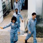 The STS-51L crew walk out for launch on January 28, 1986