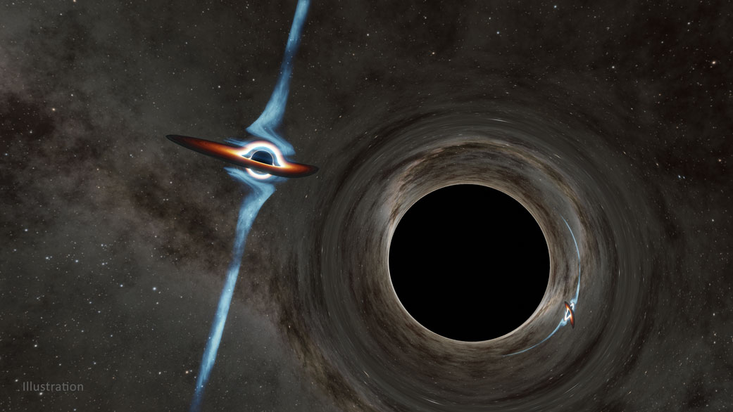 In this illustration, light from a smaller black hole