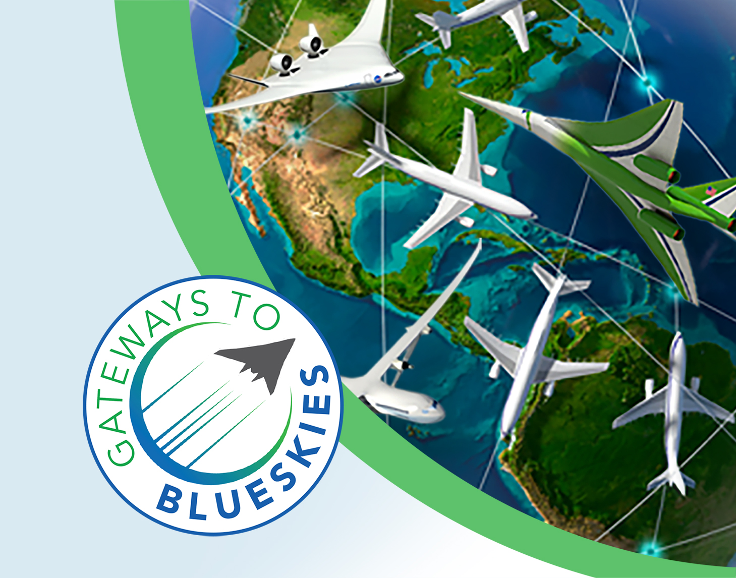 Graphic showing an artist illustration of a partial globe (earth) with various airplanes in flight all around. Outside the globe is the Gateway to Blueskies logo.