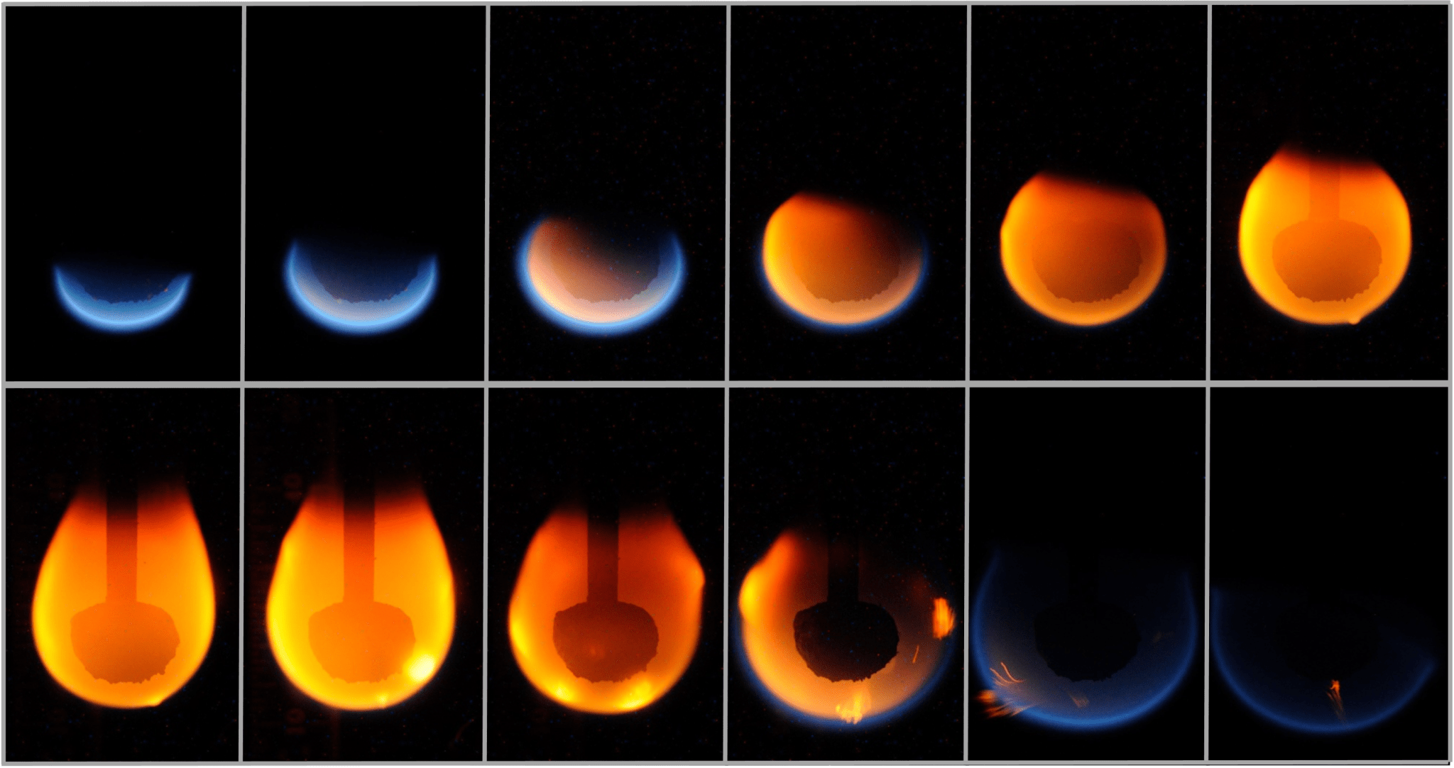 To demonstrate flame growth, decay, and extinction in space, a preliminary test called Burning and Suppression of Solids (BASS) burned a synthetic resin on the space station several years ago. The top row shows the flame growing, while the bottom row shows it going out.