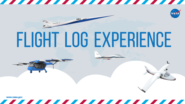 Flight Log Experience graphic showing various NASA vehicles in flight above the clouds with a red, white and blue border on the top and bottom.