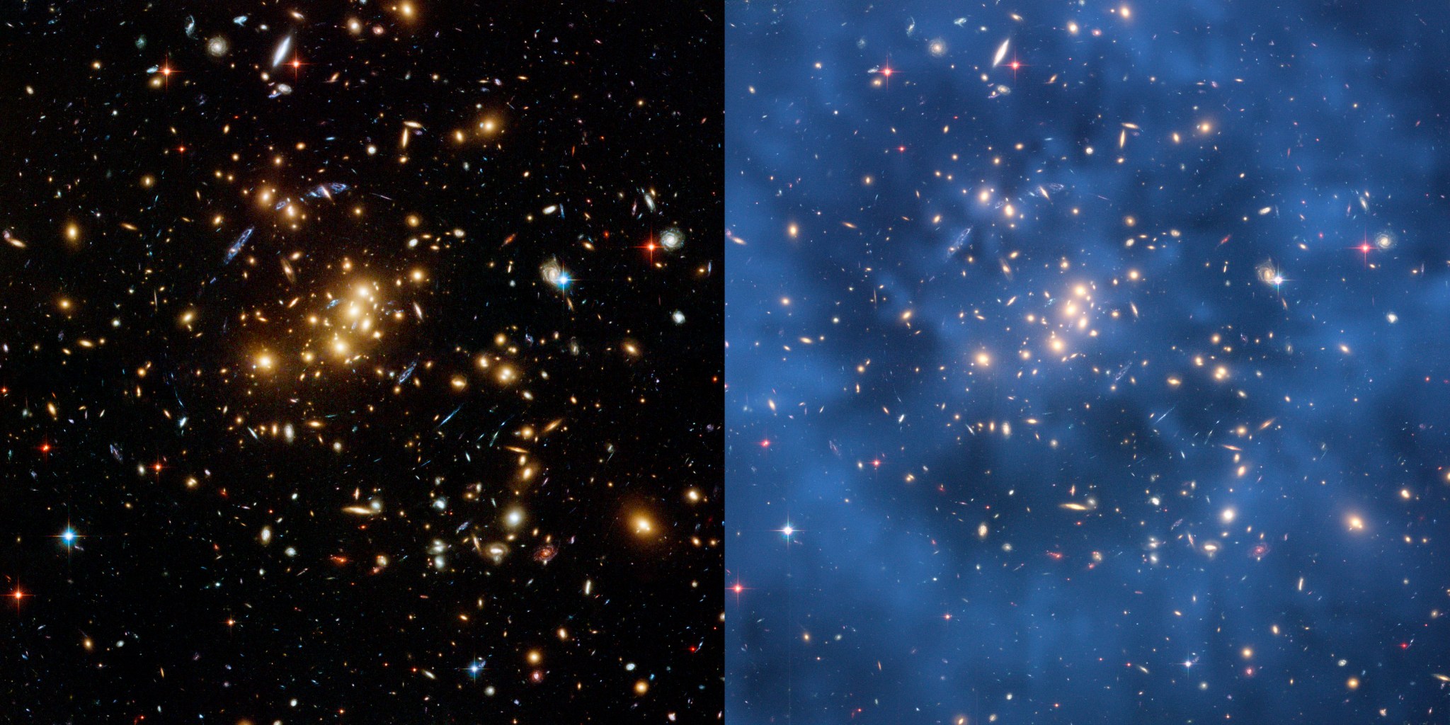 two Hubble images of galaxy cluster Cl 0024+17 (ZwCl 0024+1652), with right image shaded to illustrate dark matter