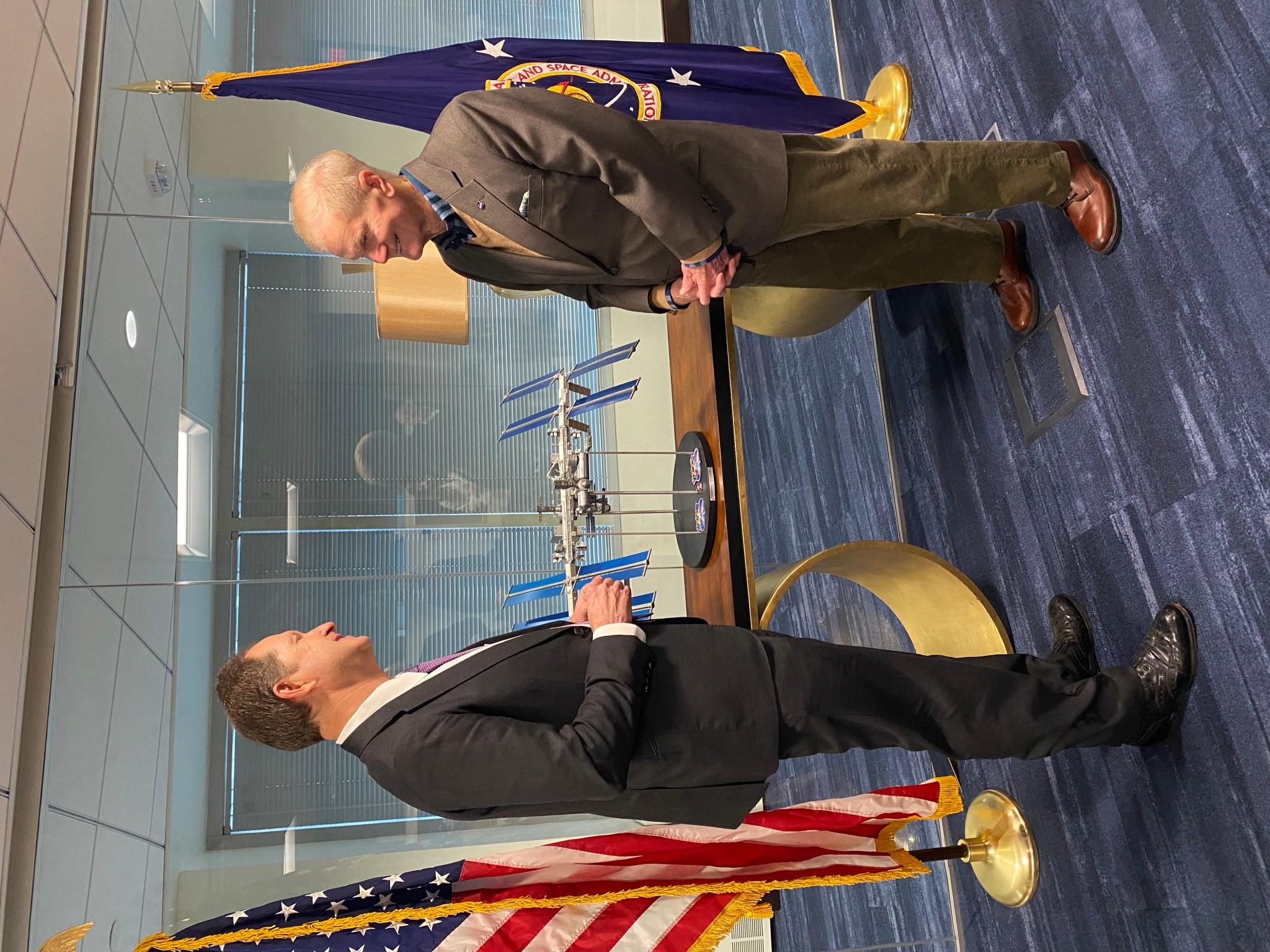 NASA Administrator Bill Nelson, right, and U.S. Ambassador to Poland Mark Brzezinski are seen during a meeting Feb. 4, 2022, at NASA Headquarters in Washington