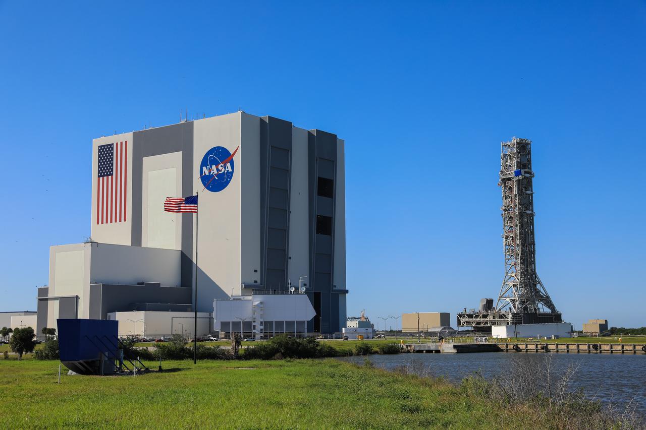 The mobile launcher for the Artemis I mission, atop crawler-transporter 2, arrives at the Vehicle Assembly Building at NASA’s Kennedy Space Center in Florida on Oct. 30, 2020.