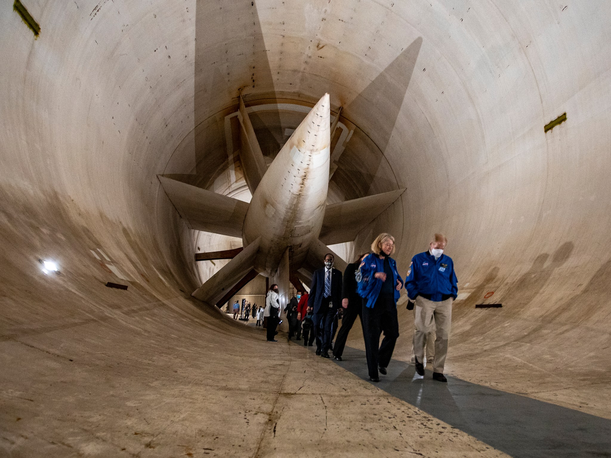 NASA Administrator Bill Nelson, right, and NASA Deputy Administrator Pam Melroy, center, tour inside NASA Langley's 14- by 22-Foot Subsonic Tunnel Feb. 24.