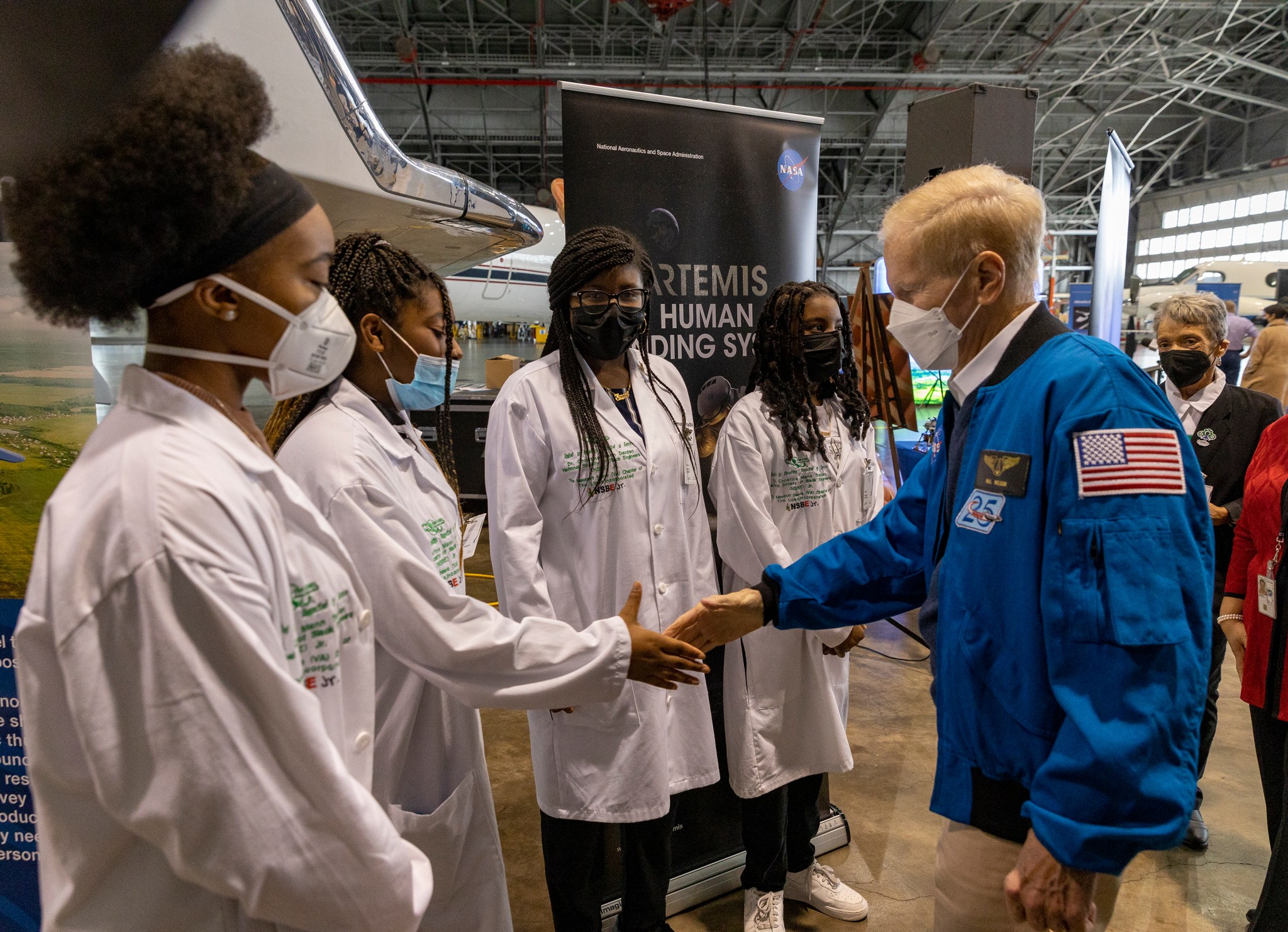 NASA Administrator Bill Nelson, right, meets with members of the Christine Darden youth chapter of the National Society of Black Engineers during a visit to NASA Langley Feb. 24.