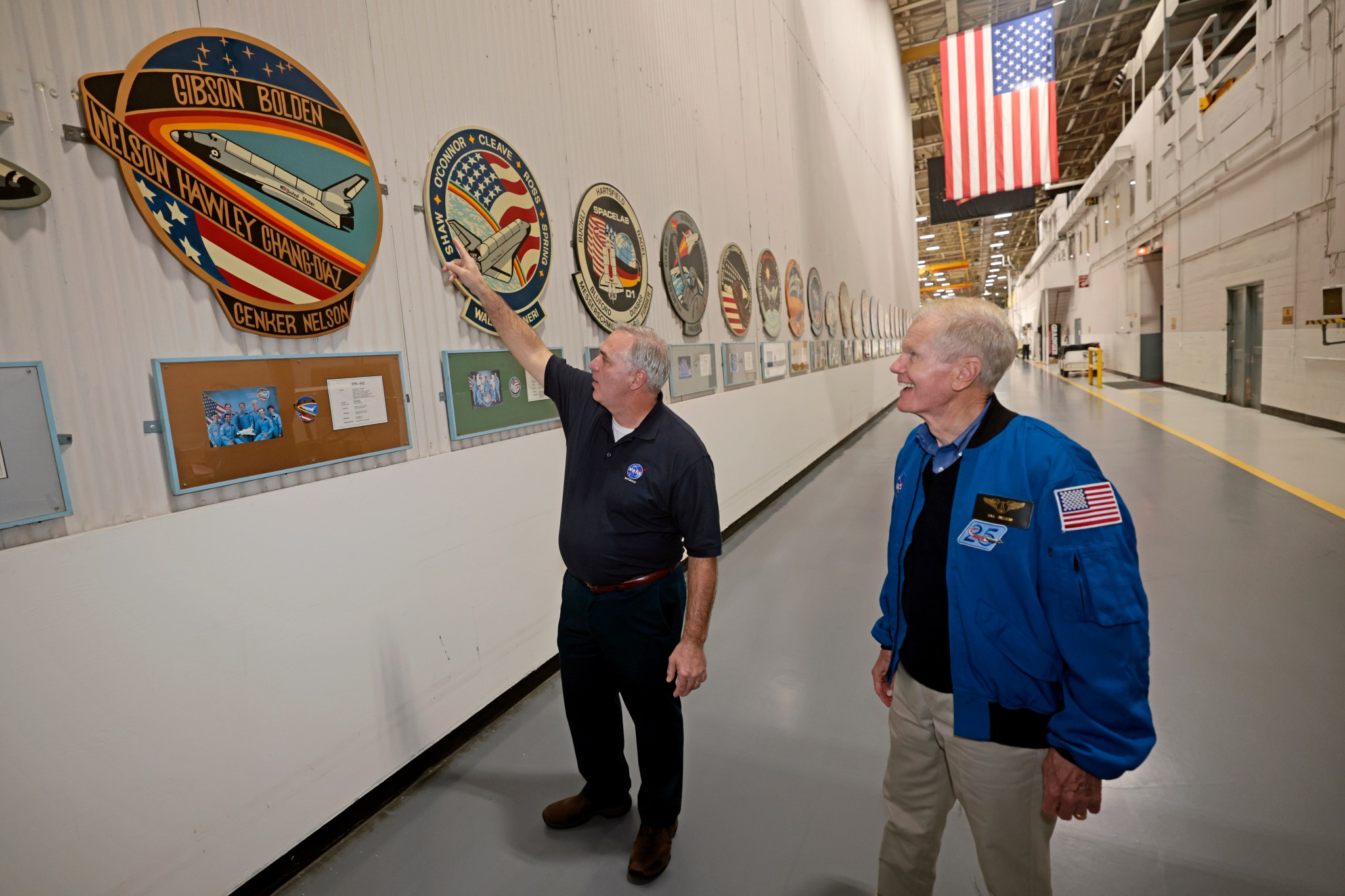 Michoud Director Lonnie Dutreix, left, with NASA Administrator Bill Nelson during a facility tour Dec. 8, 2021. 