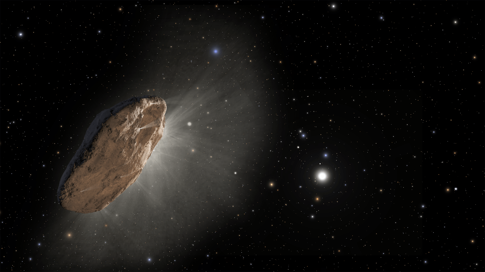 Artist rendering of large rock-like object with starry field in the foreground.