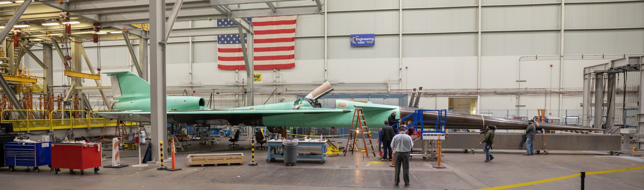 A panoramic side view of NASA’s X-59 Quiet SuperSonic Technology airplane.
