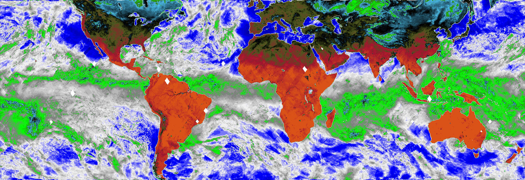 This map, made using COWVR’s new observations, shows Earth’s microwave emissions at a frequency that provides information on the strength of winds at the ocean surface, the amount of water in clouds, and the amount of water vapor in the atmosphere.