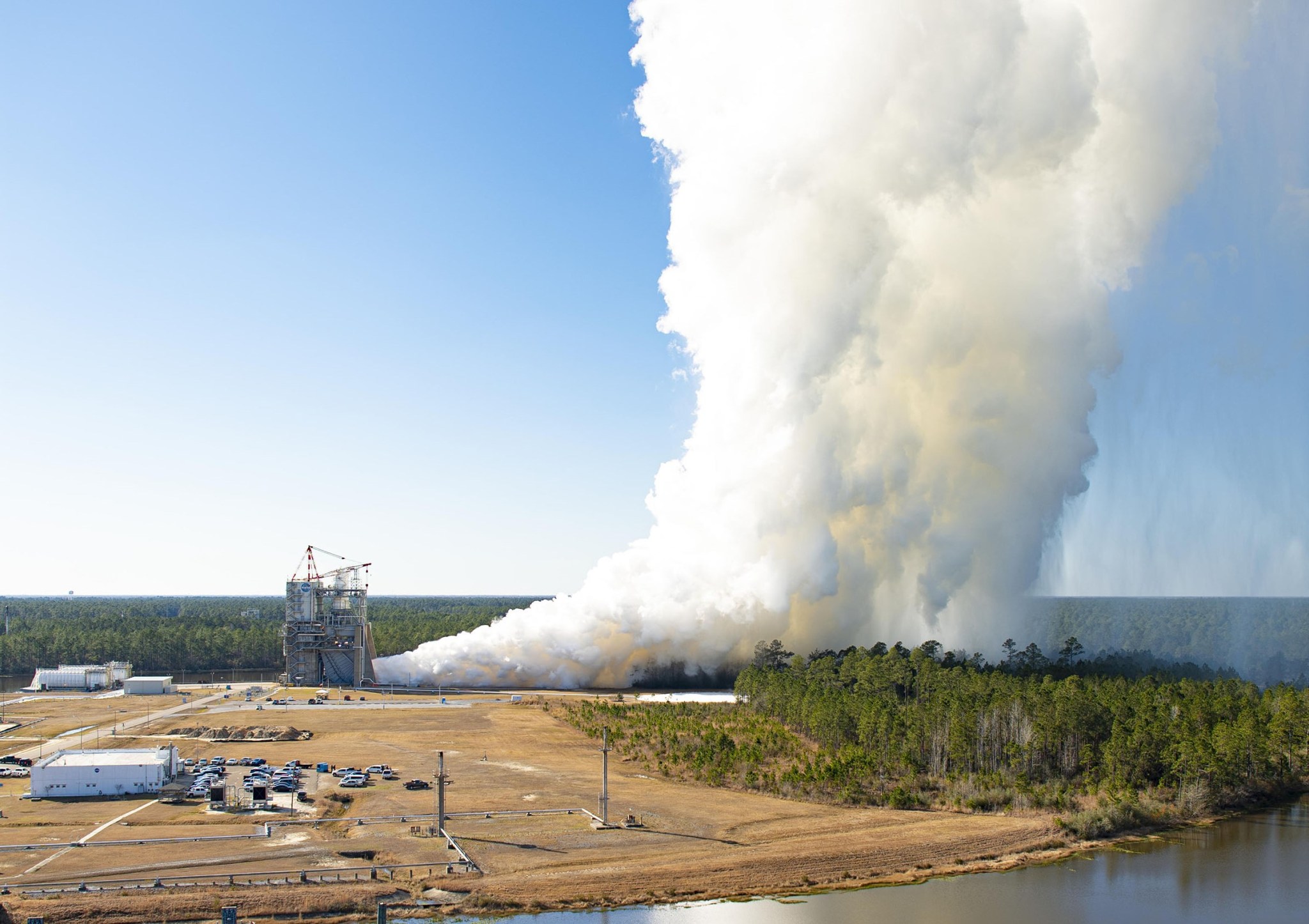 NASA conducts an RS-25 engine hot fire test Feb. 8 on the Fred Haise Test Stand at Stennis. 