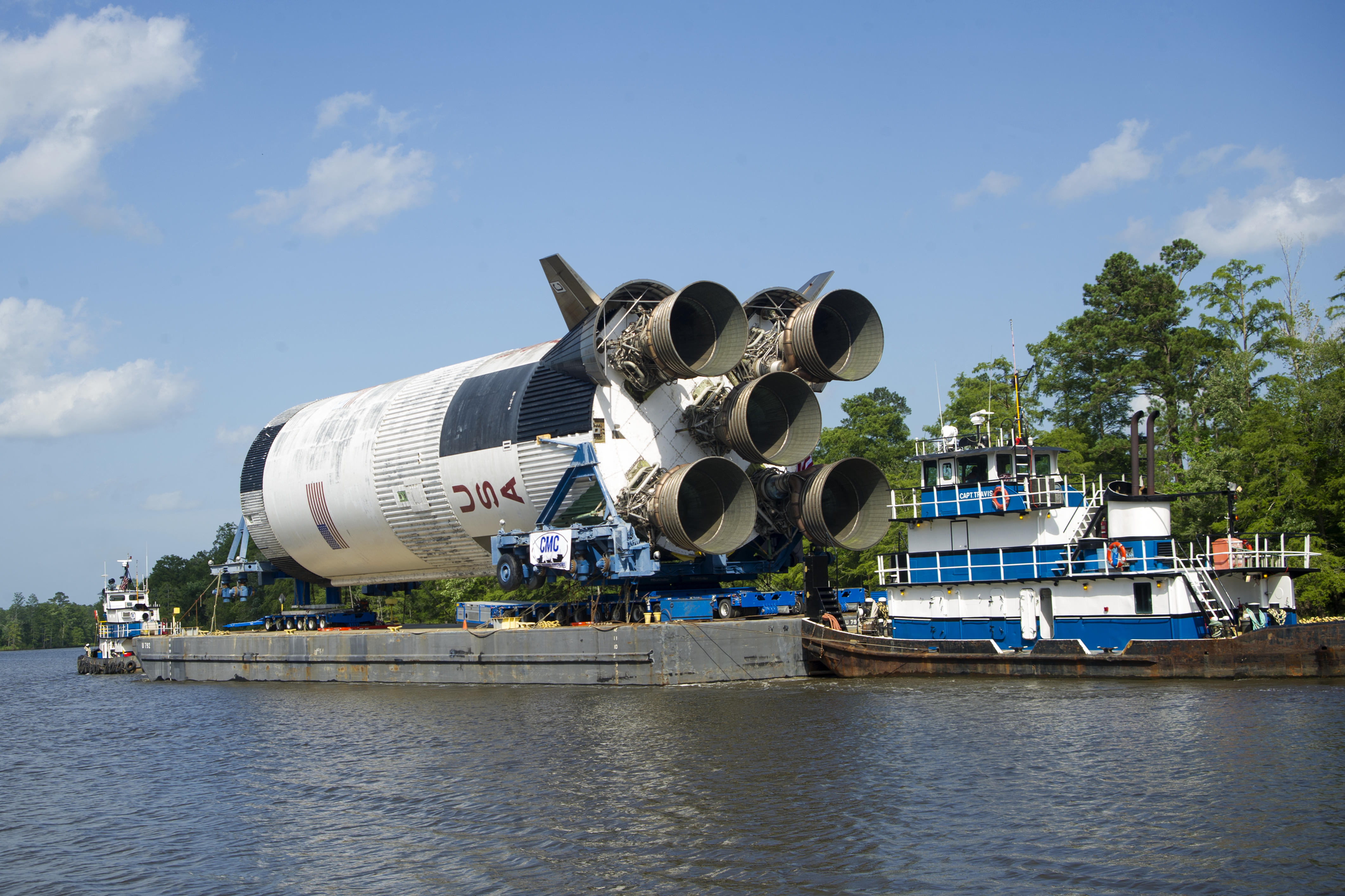 The Saturn V S-IC-15 rocket stage arrives at Stennis Space Center
