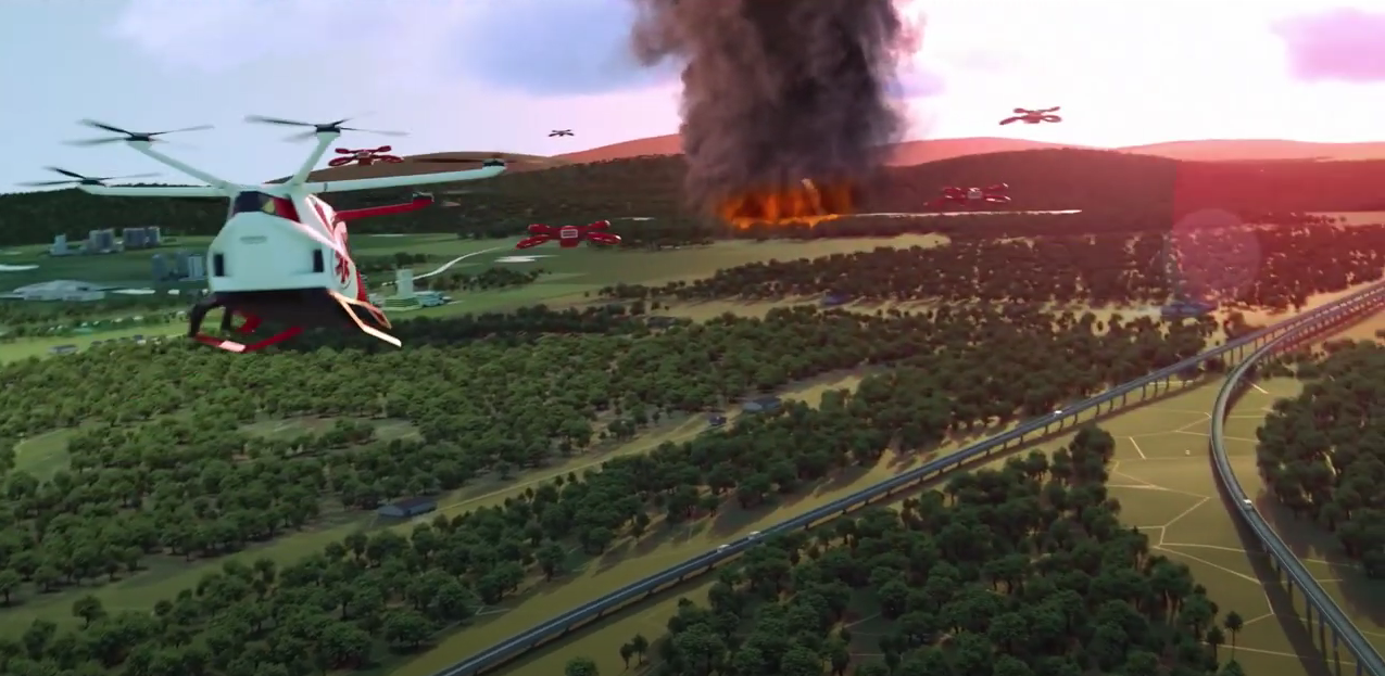 Artist illustration of unmanned aircraft flying towards a wildfire.