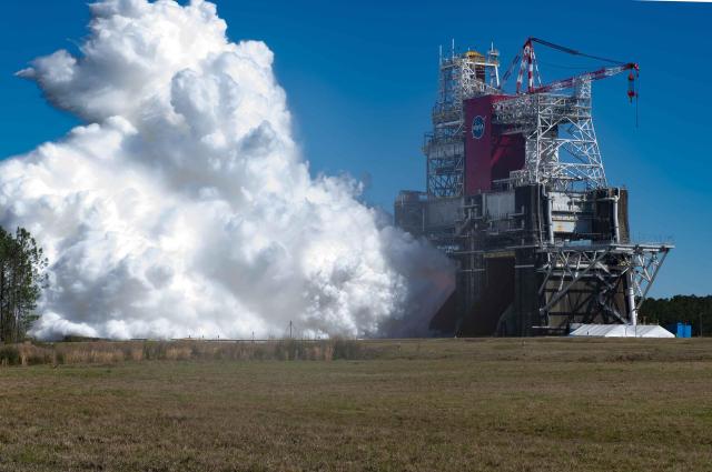 NASA conducts a full-duration hot fire of more than 8 minutes of its Space Launch System core stage on March 18, 2021 on the B-2 Test Stand at Stennis Space Center.