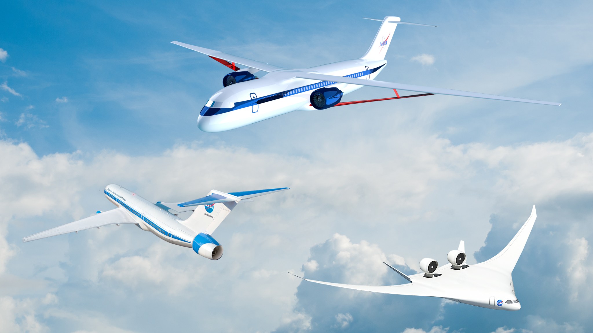 Illustration of three futuristic aircraft in flight.