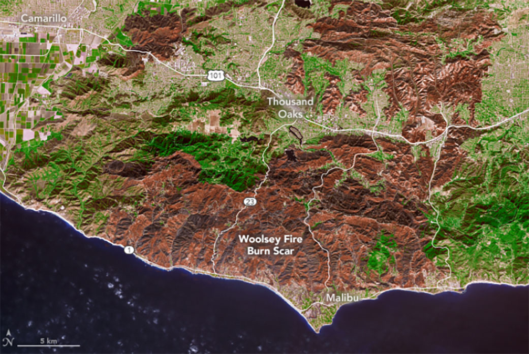 Satellite view of the the Woolsey Fire burn scar, shown in red.