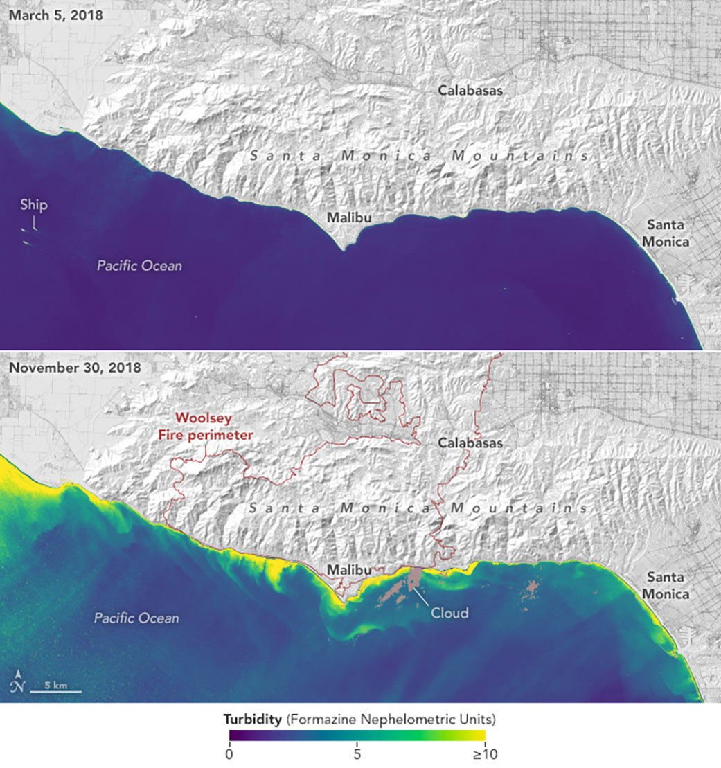 Top image: Overhead shot of the California coast with little to no cloudiness from sediment. Bottom image: Overhead shot of the California coast with bright yellow along the coast, indicating large increases of cloudiness from sediment.