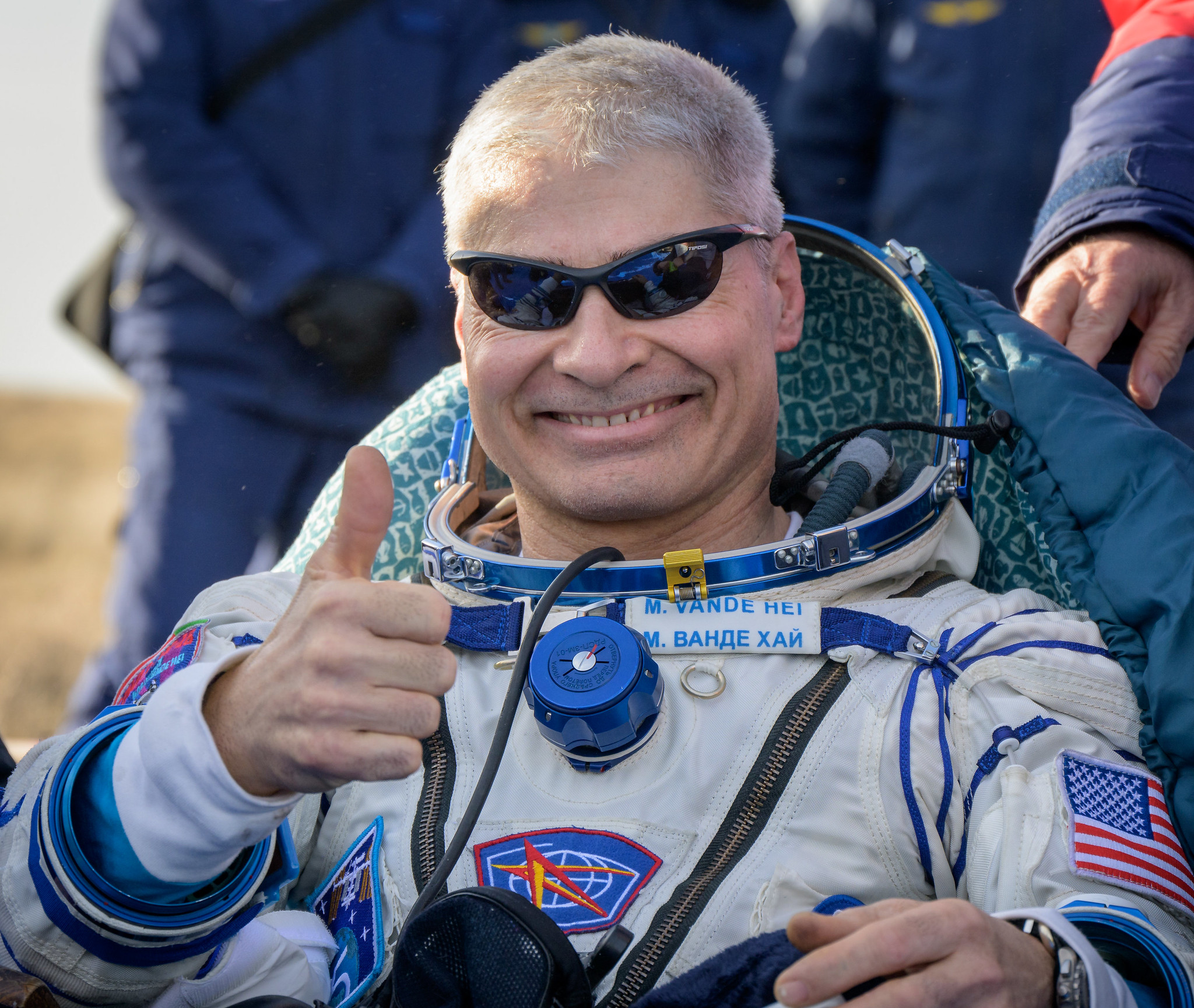 NASA astronaut Mark Vande Hei is seen outside the Soyuz MS-19 spacecraft after he landed with Russian cosmonauts Anton Shkaplerov and Pyotr Dubrov in a remote area near the town of Zhezkazgan, Kazakhstan on Wednesday, March 30, 2022.