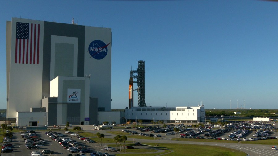 NASAâs Moon rocket is on the move at the agencyâs Kennedy Space Center in Florida, rolling out of the Vehicle Assembly Building for a 4.2-mile journey to Launch Complex 39B on March 17, 2022. Carried atop the crawler-transporter 2, the Space Launch System (SLS) rocket and Orion spacecraft are venturing to the pad for a wet dress rehearsal ahead of the uncrewed Artemis I launch.
