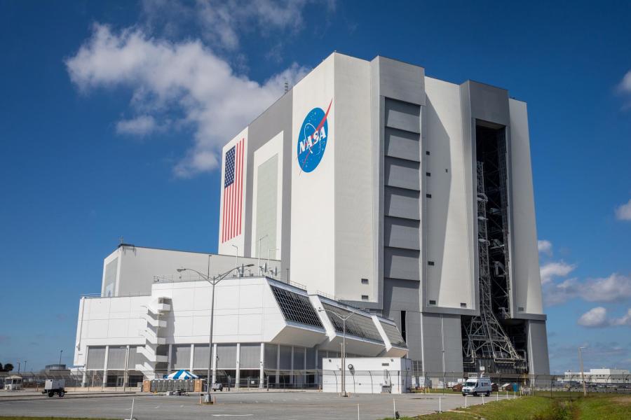 NASAâs Space Launch System (SLS) rocket, with the Orion capsule atop, prepares to roll out of High Bay 3 of the Vehicle Assembly Building at the agencyâs Kennedy Space Center in Florida on March 17, 2022, for its journey to Launch Complex 39B. Carried atop the crawler-transporter 2, NASAâs Moon rocket is venturing out to the launch pad for a wet dress rehearsal ahead of the uncrewed Artemis I launch.