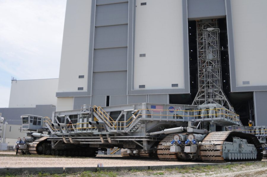 Engineers and technicians at NASAâs Kennedy Space Center in Florida drove Crawler Transporter-2 on March 11, 2022 to the doors of the Vehicle Assembly Building (VAB). Soon, it will go inside the VAB where it will carry the Artemis I Moon rocket to launch pad 39B.
