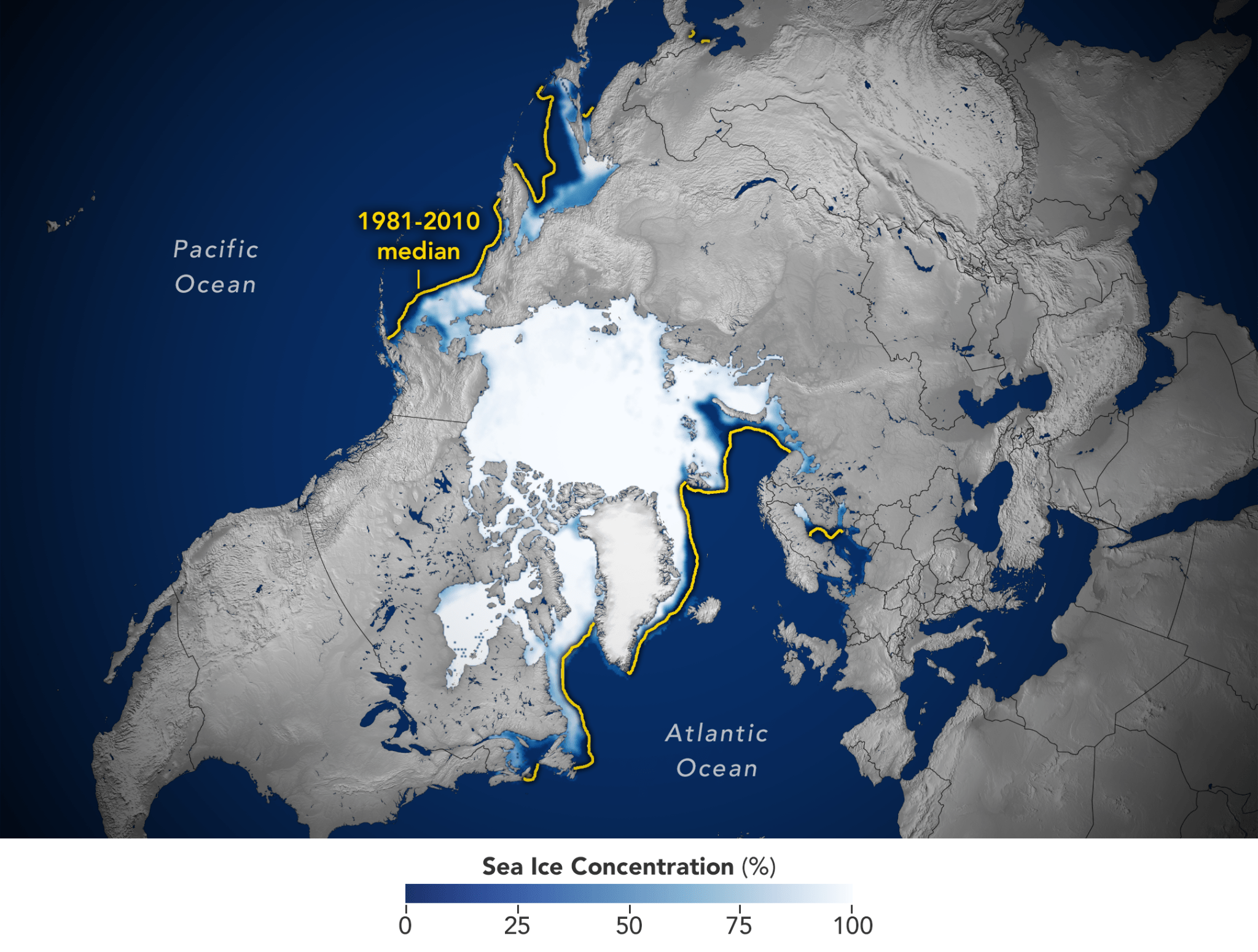 Visualization of Arctic sea ice extent March 2022. The ice reaches to the north coast of North American and Europe. A yellow line shows the average extent, reaching farther than the current extent.