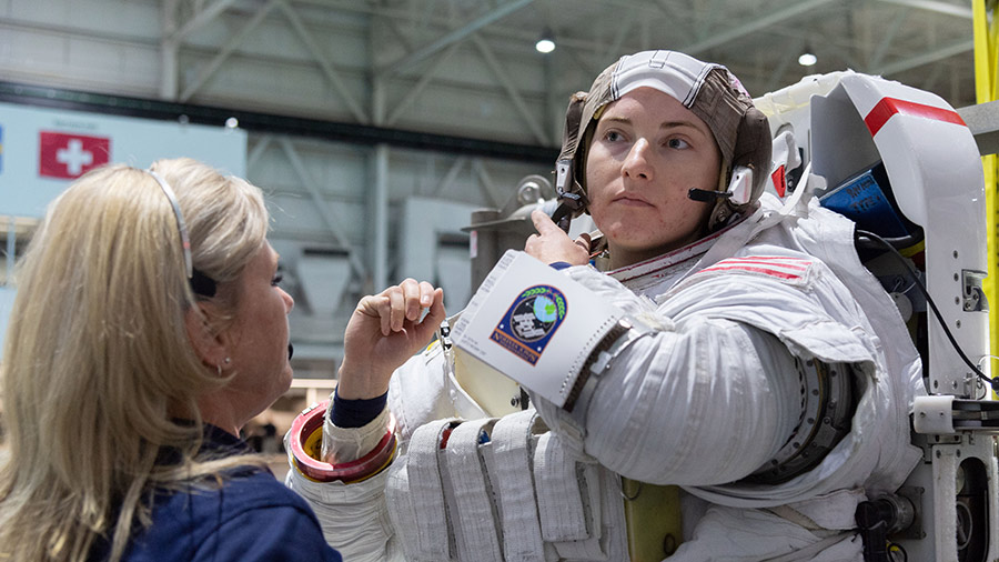 NASA astronaut Kayla Barron is pictured during spacewalk training at the Neutral Buoyancy Laboratory in Houston, Texas. Credit: NASA/Robert Markowitz