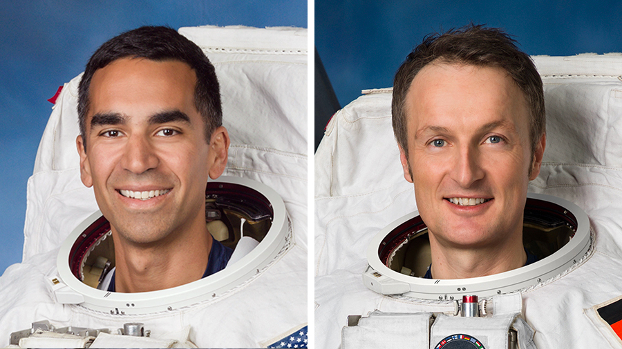 (From left) Astronauts Raja Chari and Matthias Maurer will exit the space station on Wednesday for a 6.5-hour maintenance spacewalk.