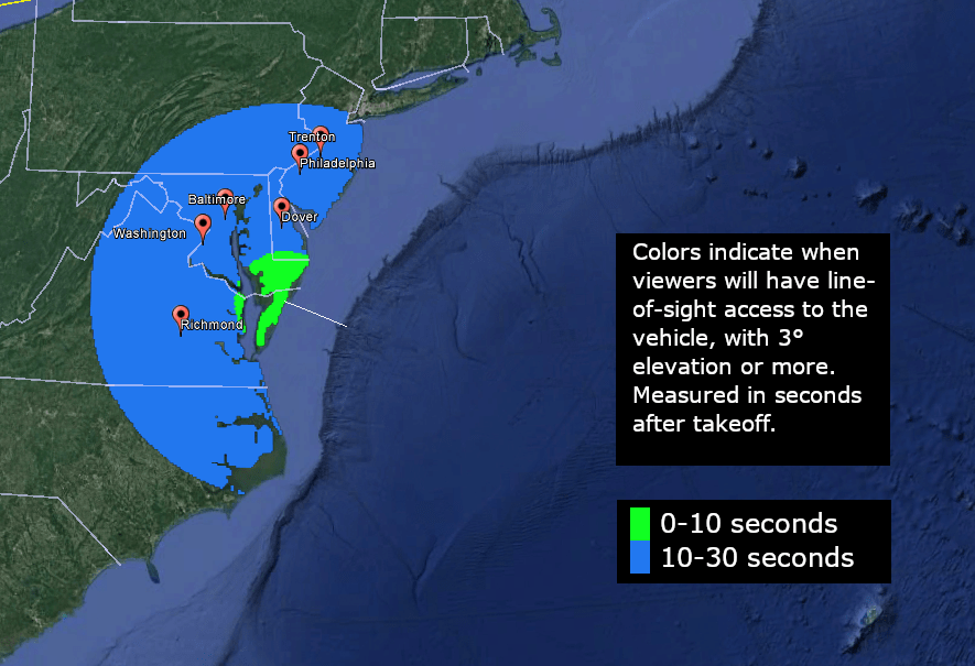 A visibility map showing the mid-Atlantic region. The map shows how many seconds after that people in the area, weather permitting, may be able to see the Terrier-Improved Malemute sounding rocket in the sky.